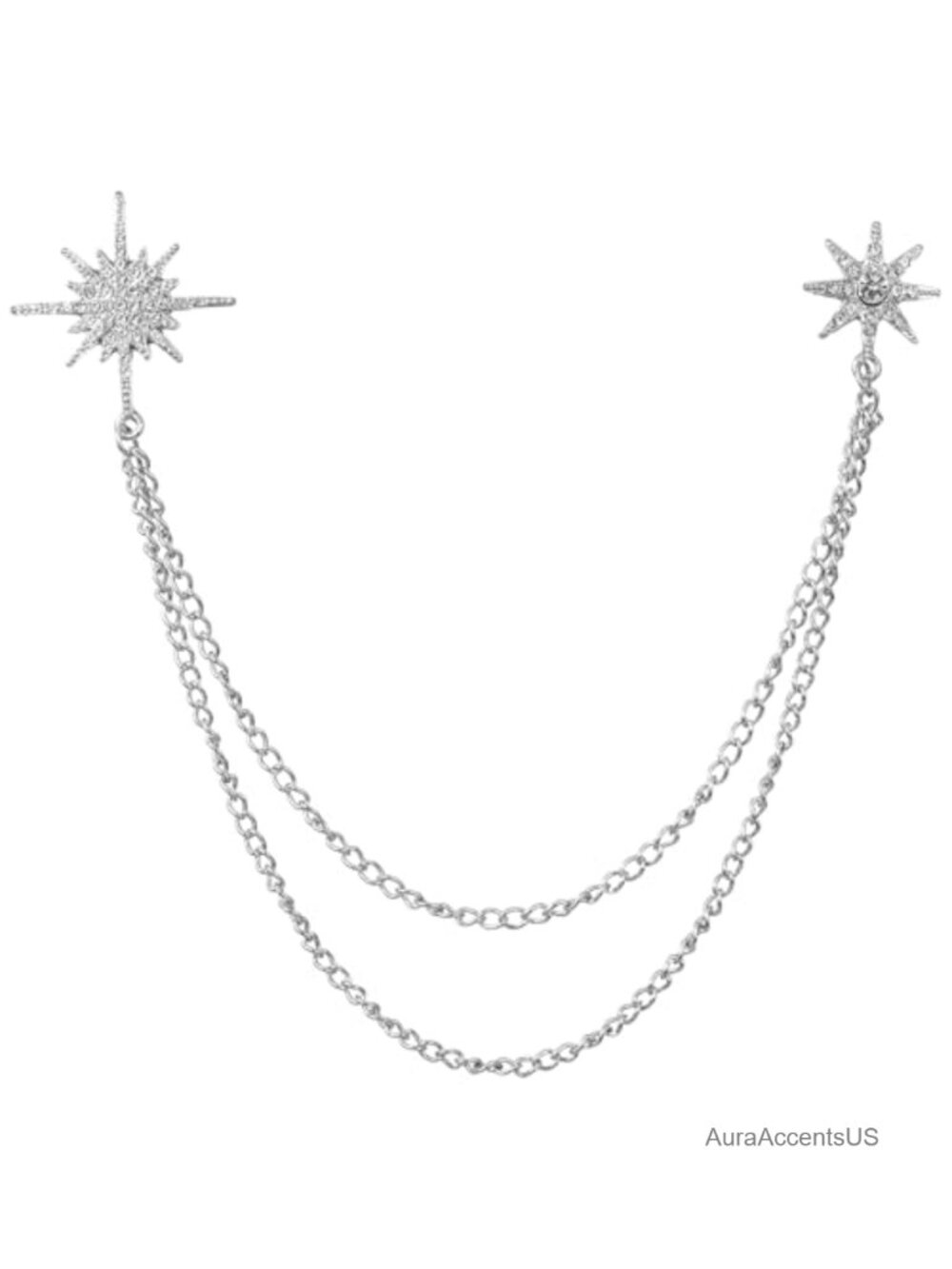 Silver Star Brooch with Rhinestones, Double-Layer Chain Design for Men Women